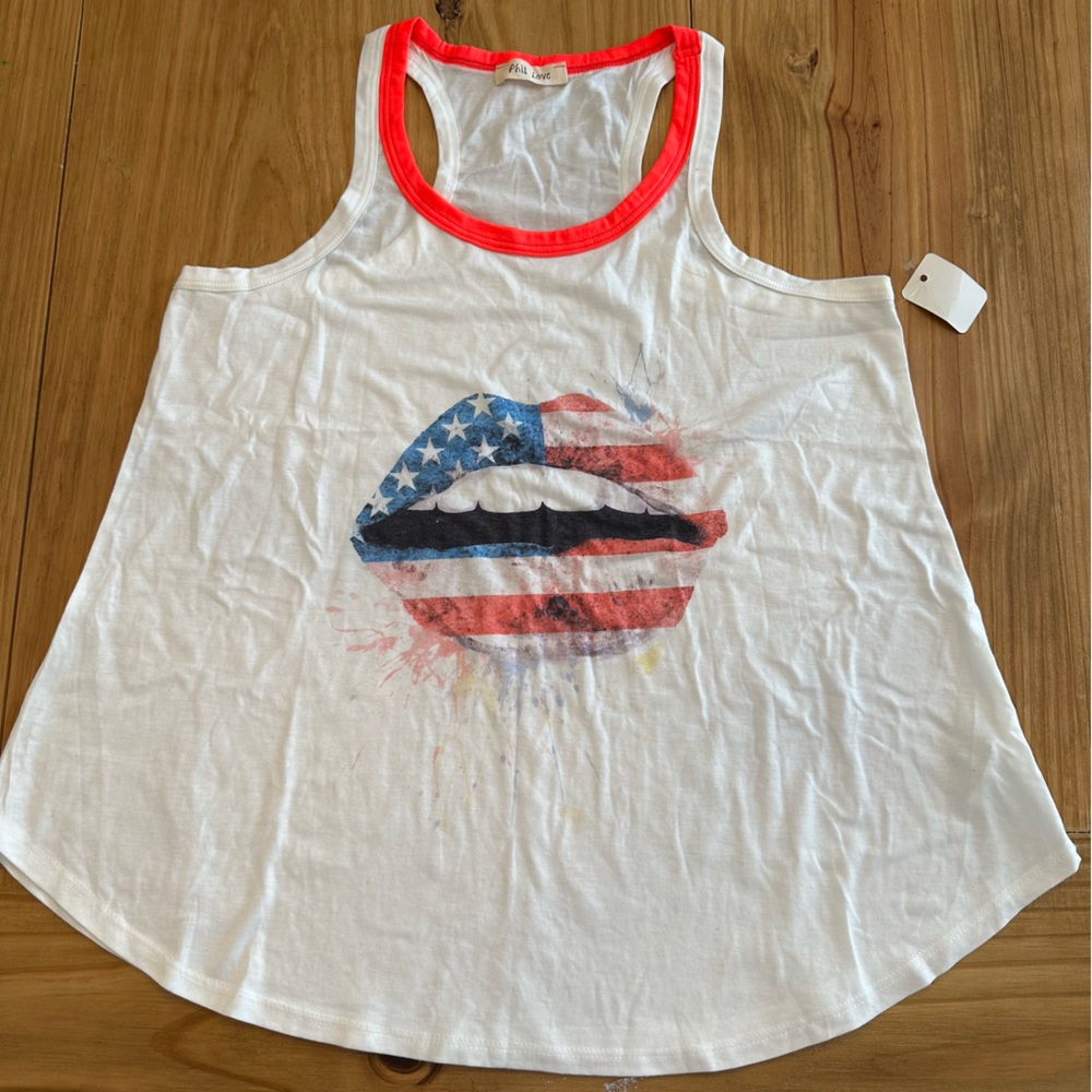 Women's White Tank Top with American Flag Lips Design